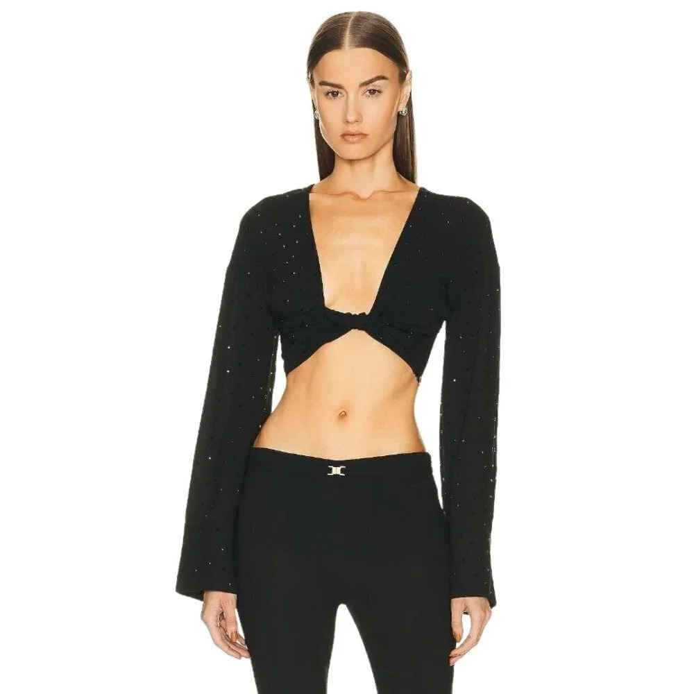 Blumarine Hot Fix Crystal Long Sleeve Crop Top in Nero Black 38 2 Womens Cropped